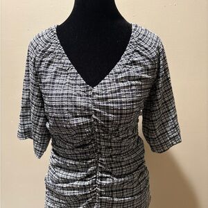 Ganni Black and White Checkered Ruched Blouse